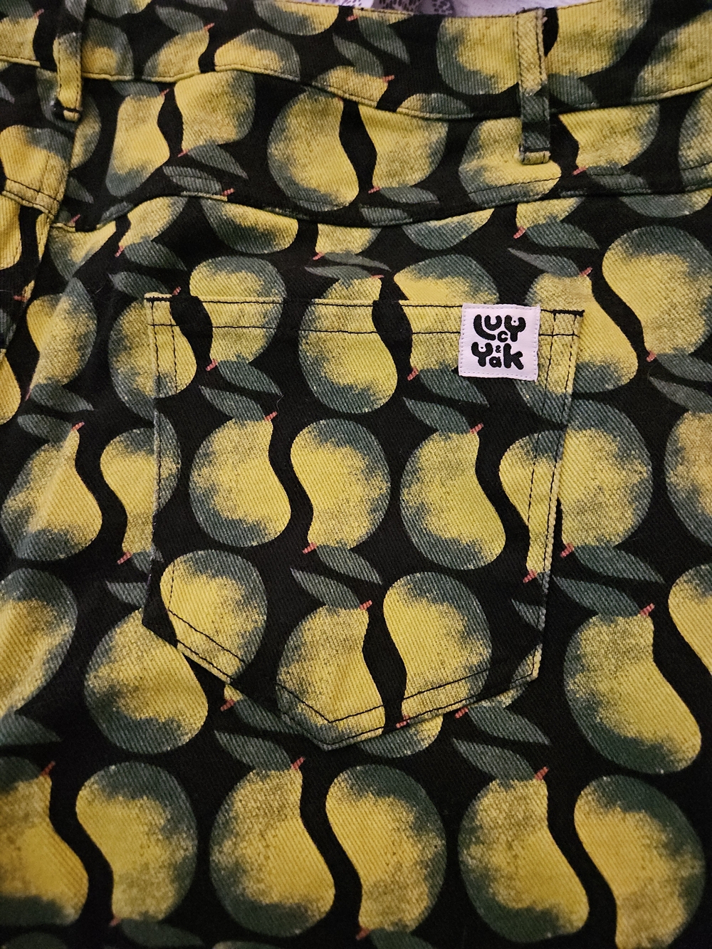 Lucy & Yak Straight Leg Pants in Yellow & Black Fruit Print - Picture 3 of 5